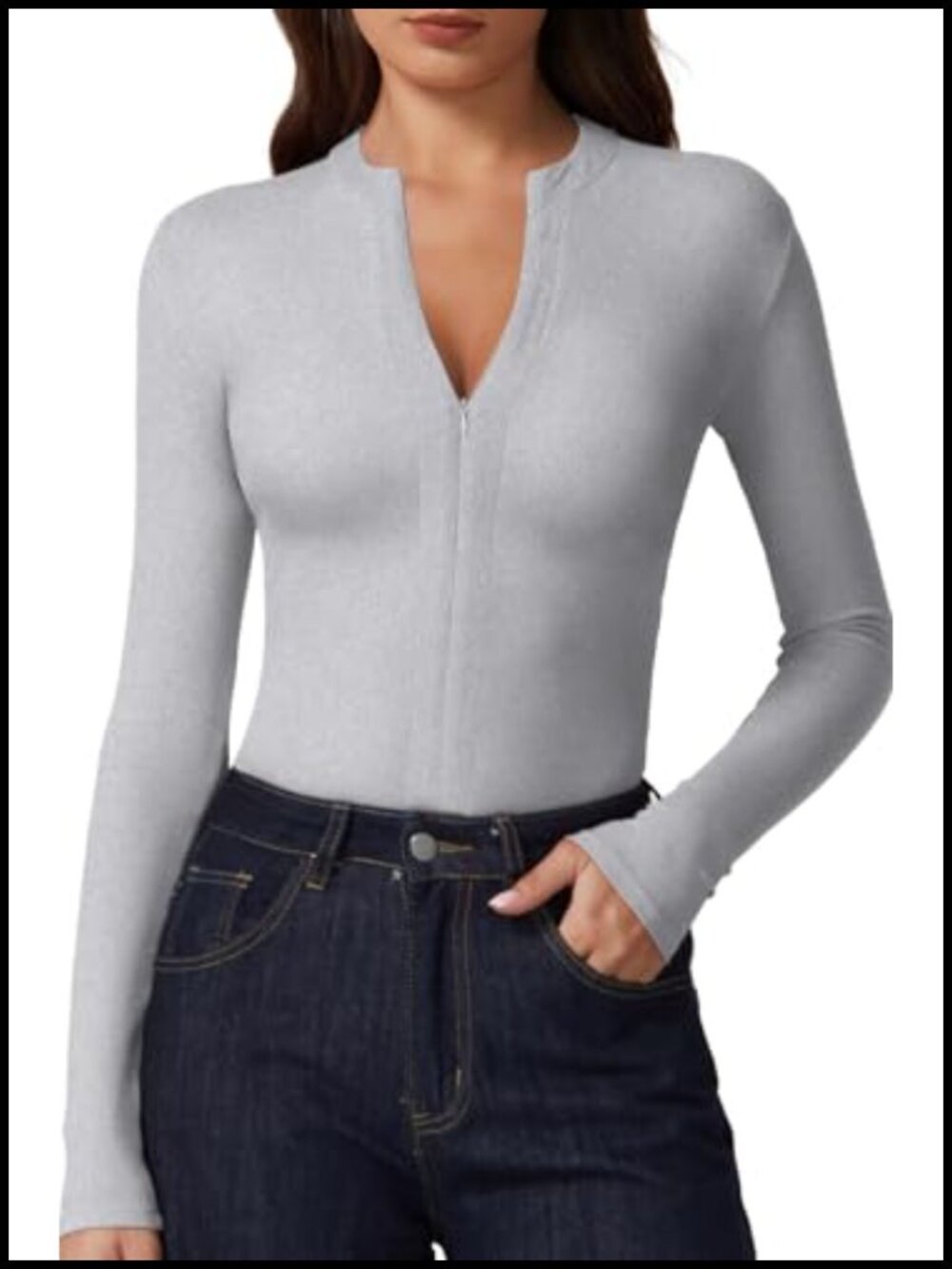 Ribbed Knit Half Zip V Neck Long Sleeve Top
